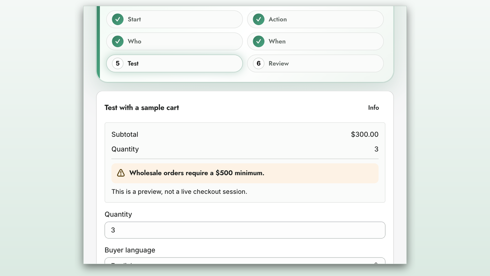 Checkout AI: B2B Checkout — reviewing rule conditions before publishing